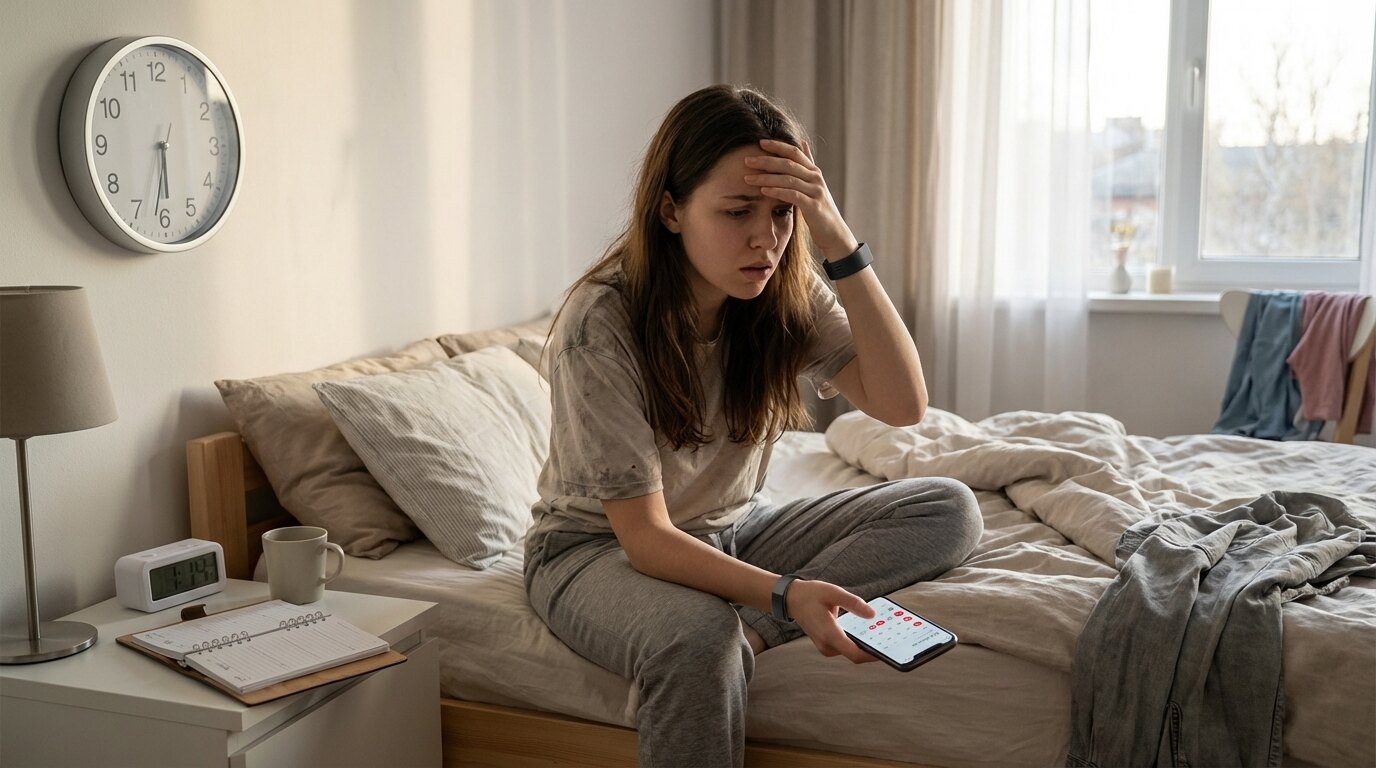 Young adult with ADHD time blindness sitting on the edge of a bed in the morning, looking overwhelmed while checking time cues