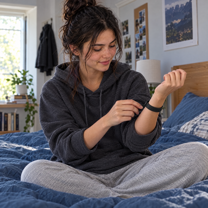 Teen putting the band on herself