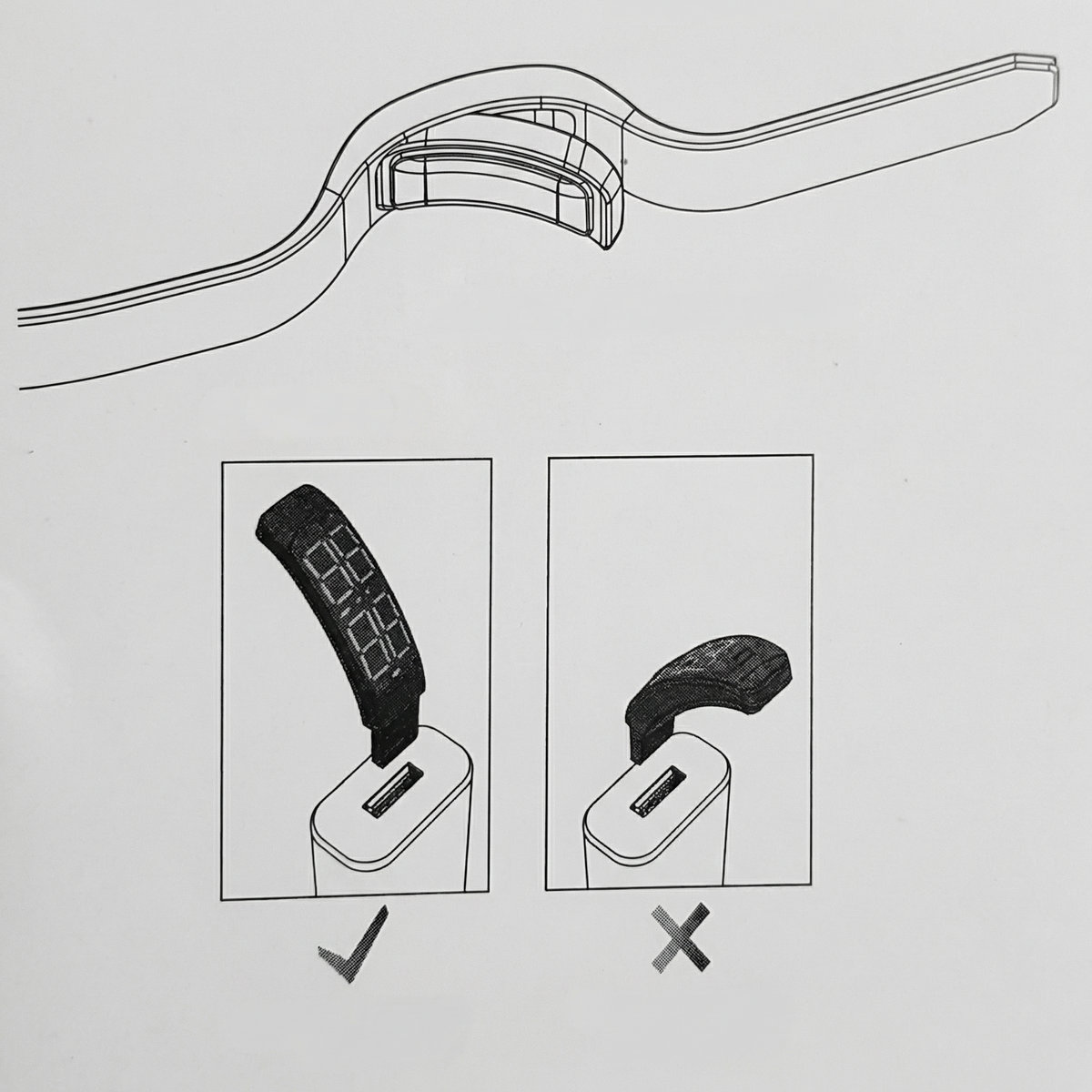 Diagram showing the correct and incorrect way to insert the band into a USB port