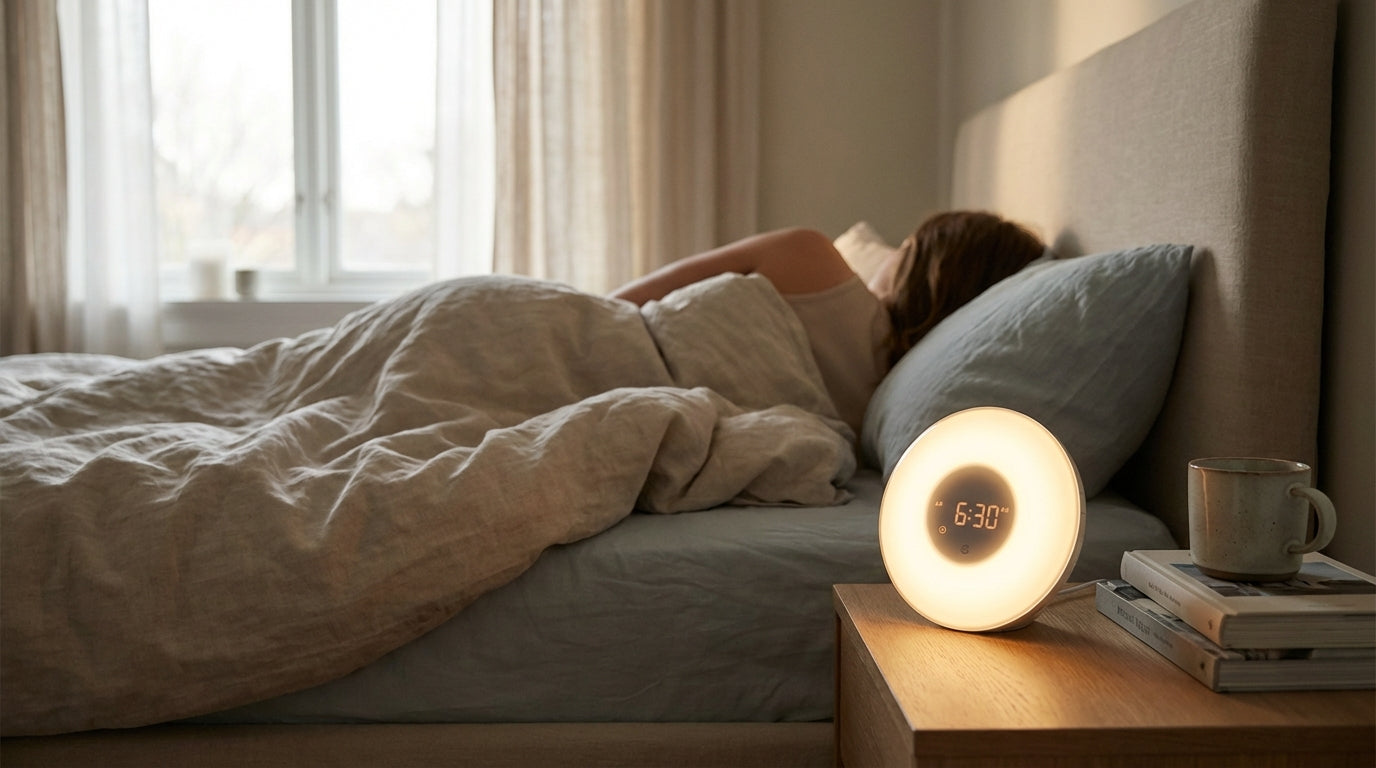 Person waking in a calm bedroom with a gradual alarm clock glowing softly on the bedside table