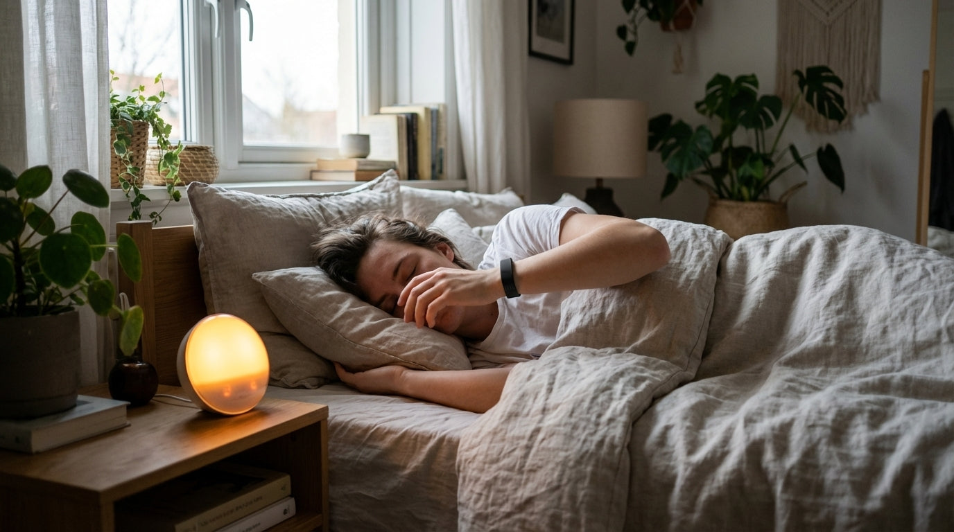 Person waking in a calm sunrise bedroom with a glowing light alarm clock on the bedside table