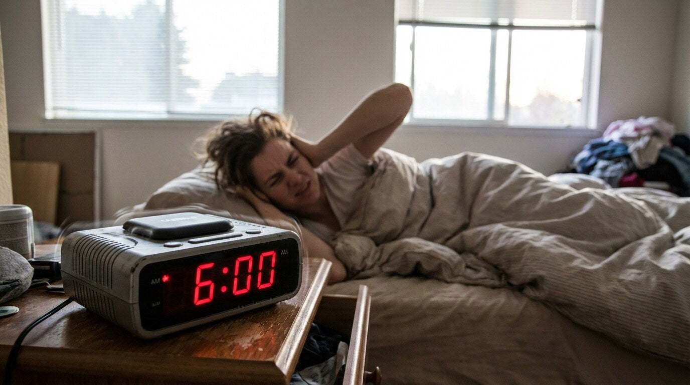 Heavy sleeper in bed with an extra-loud digital alarm clock active on the nightstand
