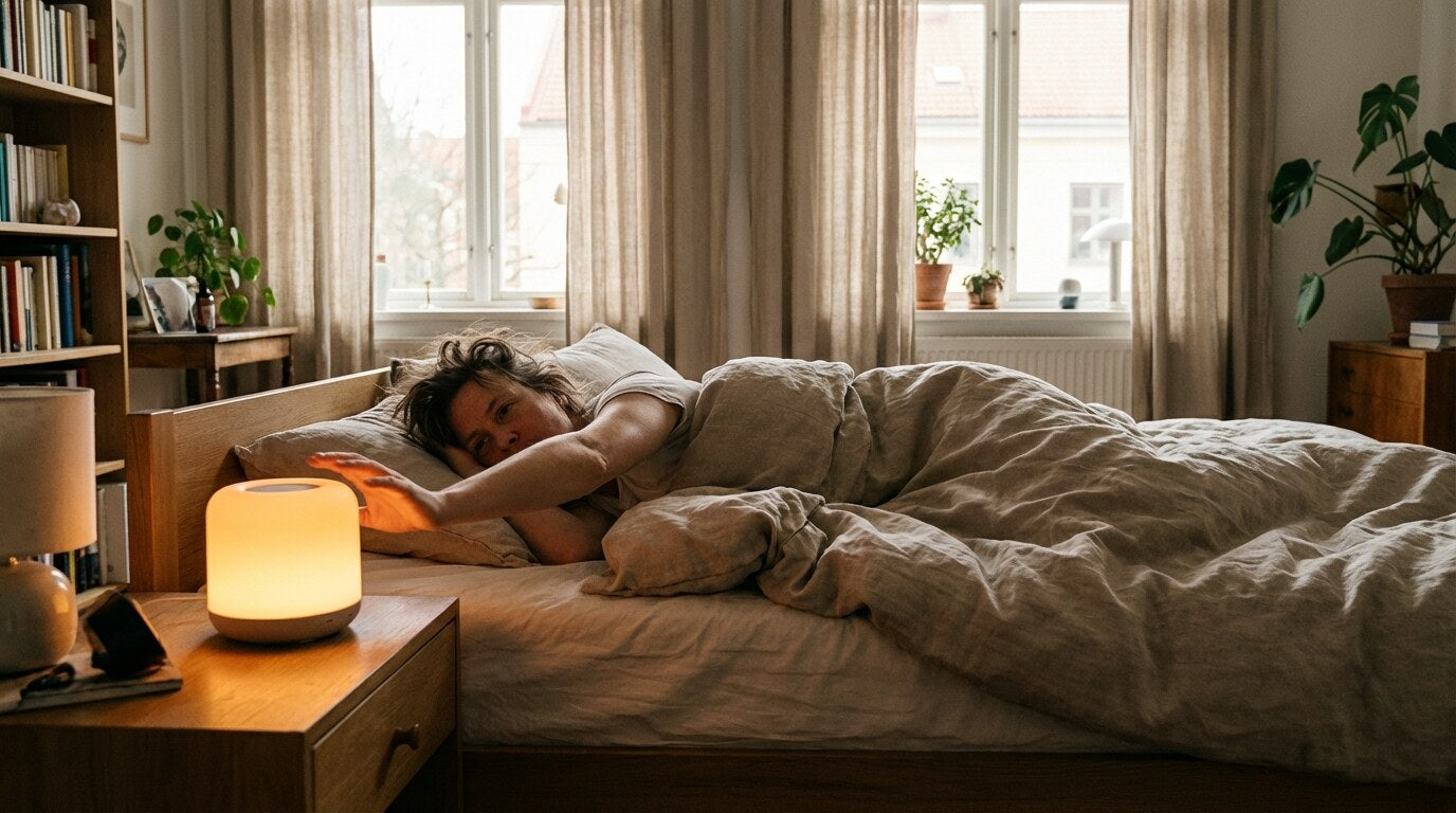 Person waking in a bedroom lit by a glowing sunrise alarm clock on the bedside table