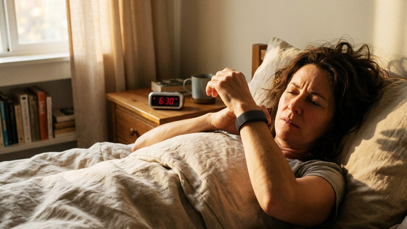Deep sleeper in a realistic bedroom wearing a Dawn Band-style vibration alarm while a bedside digital clock sits nearby
