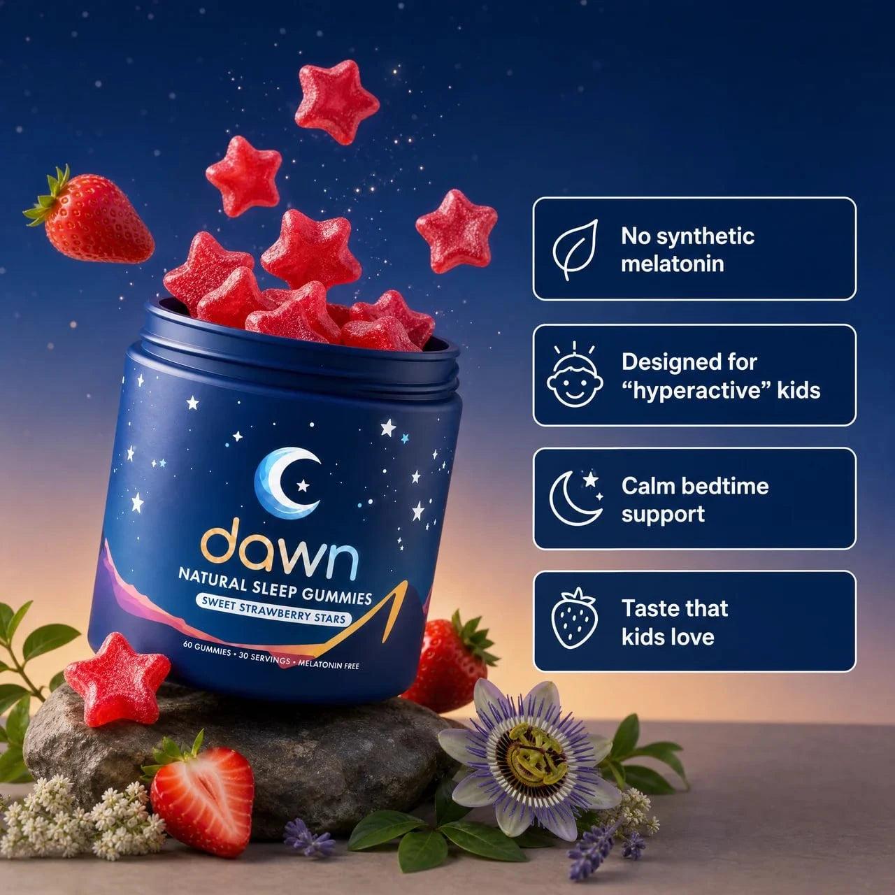 Dawn Natural Sleep Gummies jar with strawberry star gummies and bedtime support benefit callouts