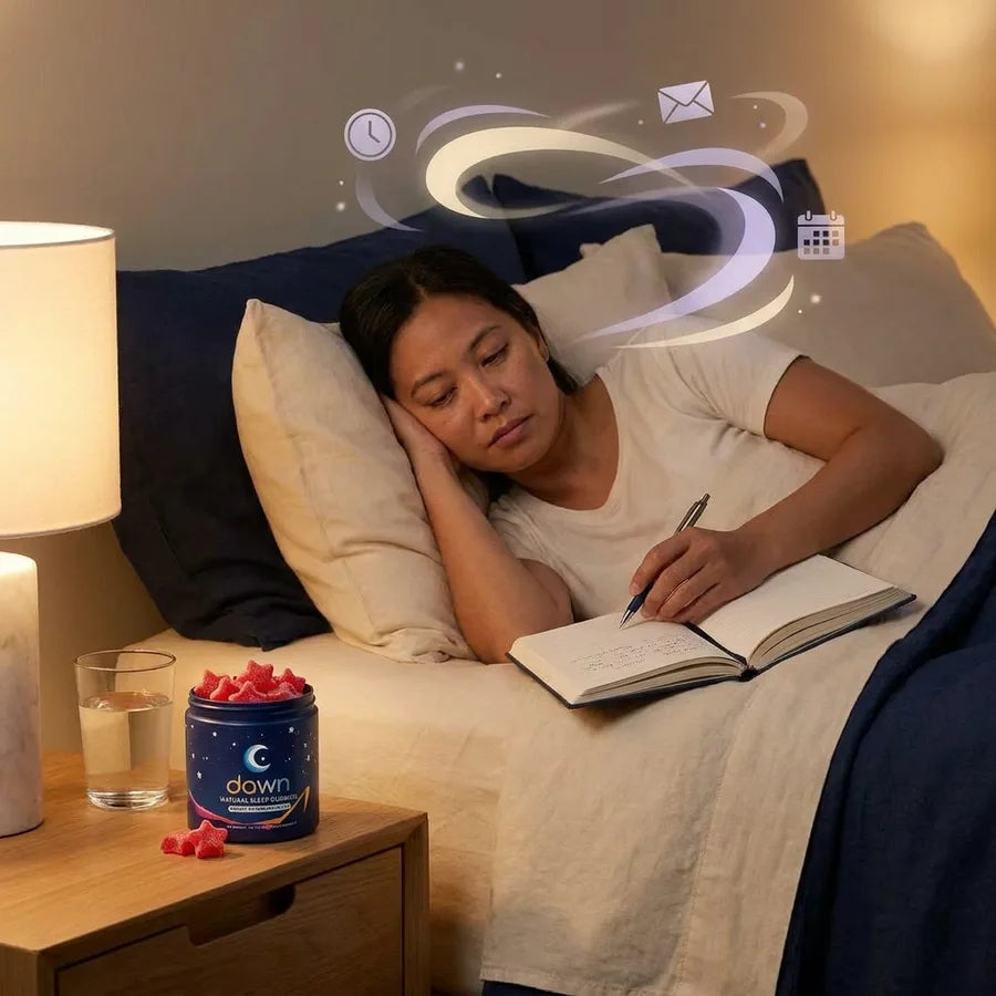 Adult with racing thoughts winding down for bedtime