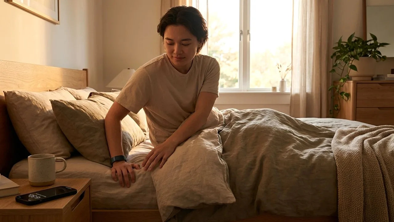 Calm morning bedroom scene with wearable alarm visible on the wrist