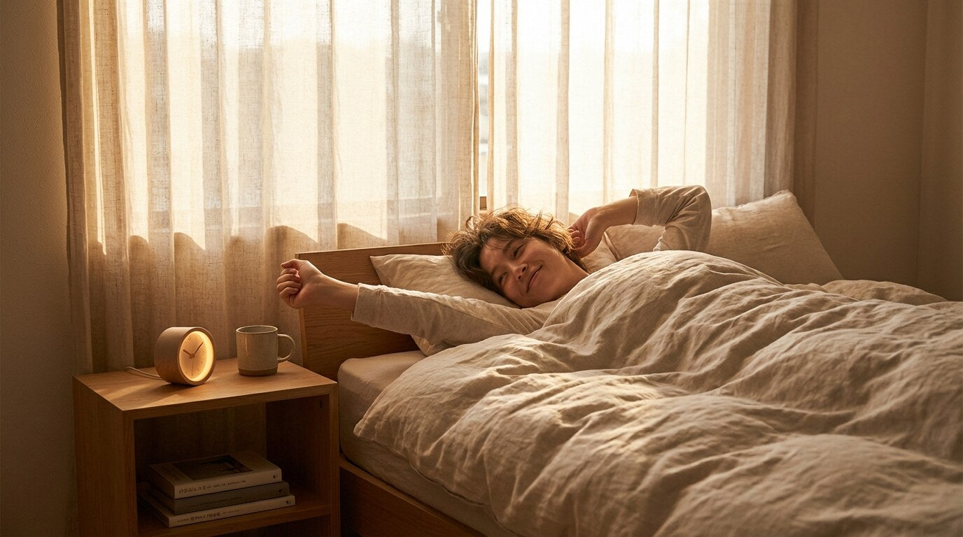 Person waking naturally in a softly lit bedroom with a bedside natural alarm clock
