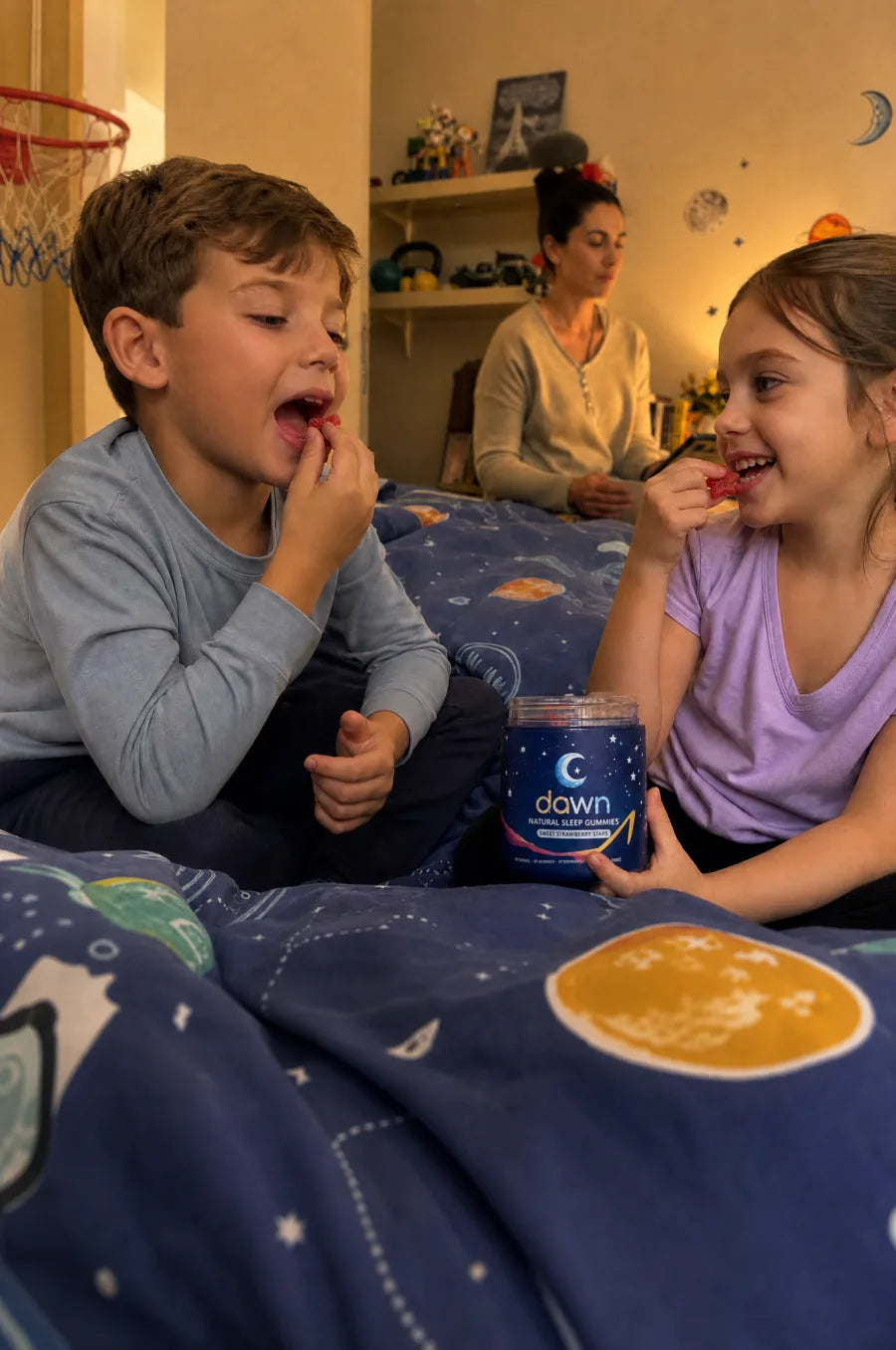 Child holding Dawn Sleep Gummies during a calm bedtime routine