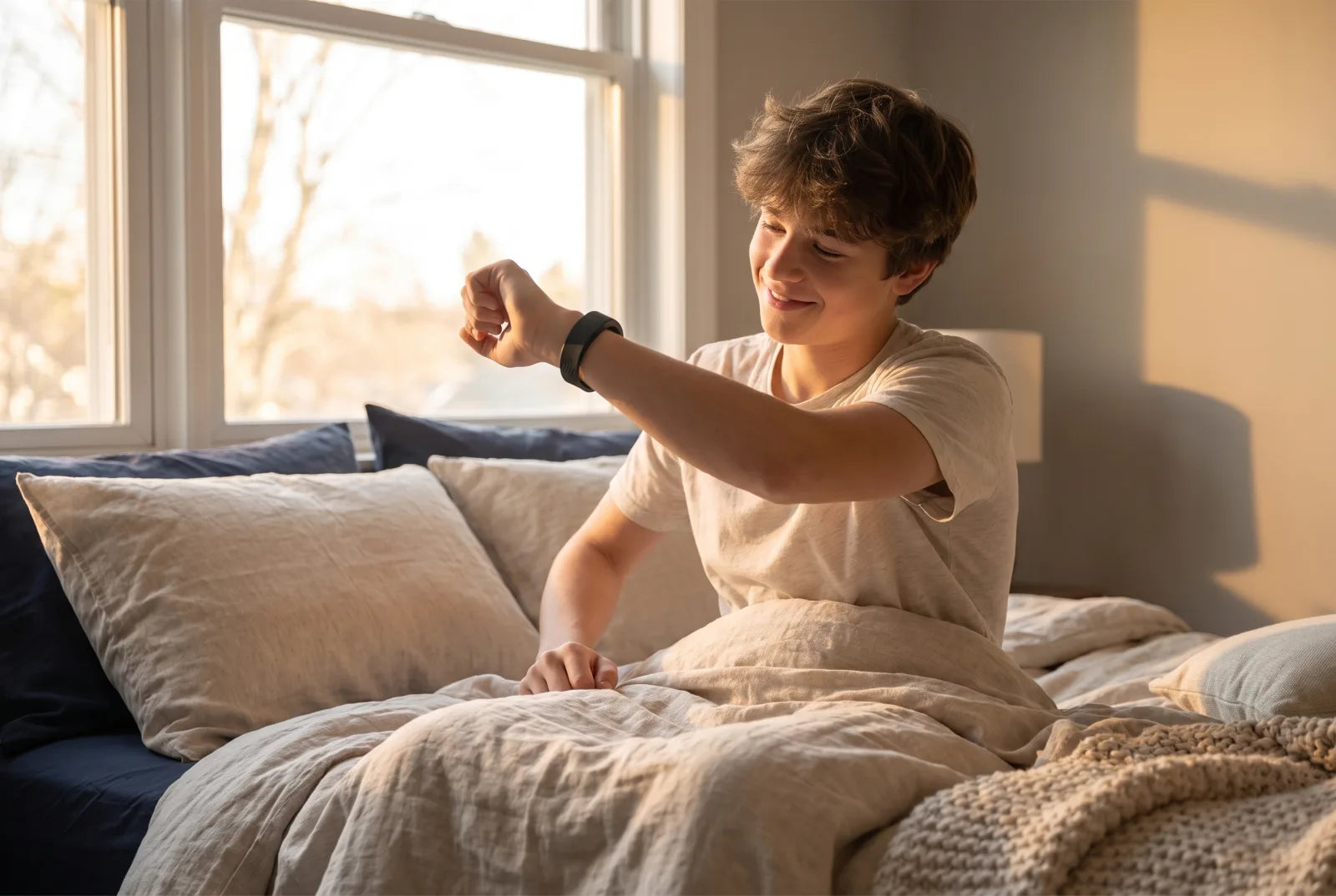 Teen waking up calmly at sunrise wearing the Dawn Wake Up Band