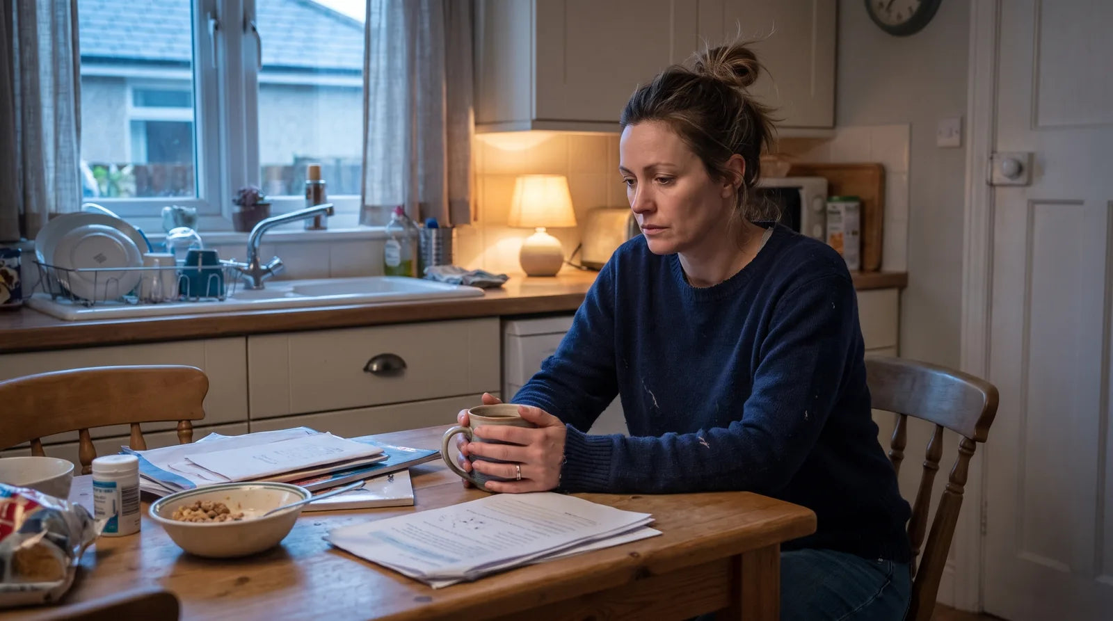 Parent sitting alone at the kitchen table in the early morning