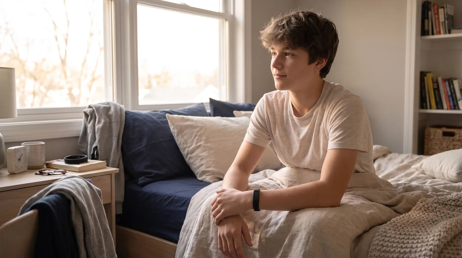 Teenager sitting calmly on the edge of the bed in morning light